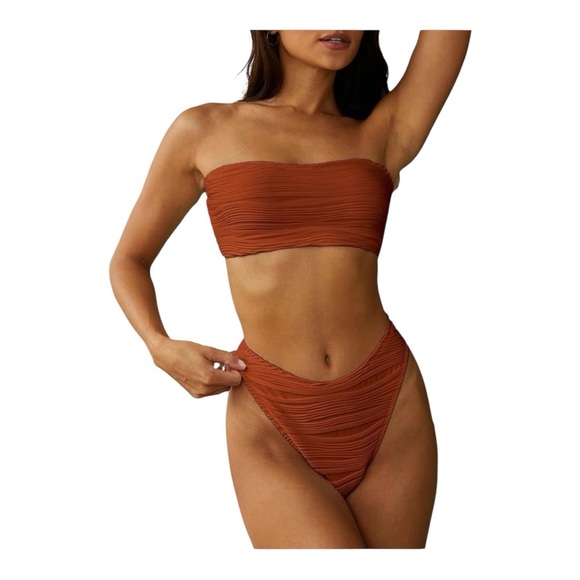 ZAFUL Bandeau Ribbed Lace Up Wave Hi Cut Bikini Size NWT - Picture 1 of 14